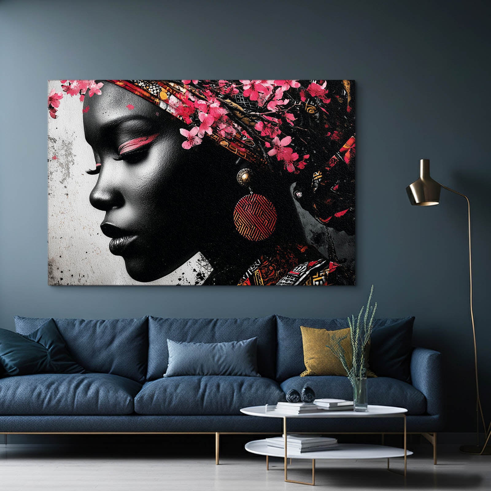 Gilded Headwrap Portrait Cherry Blossom Canvas Art – styled in a furnished interior