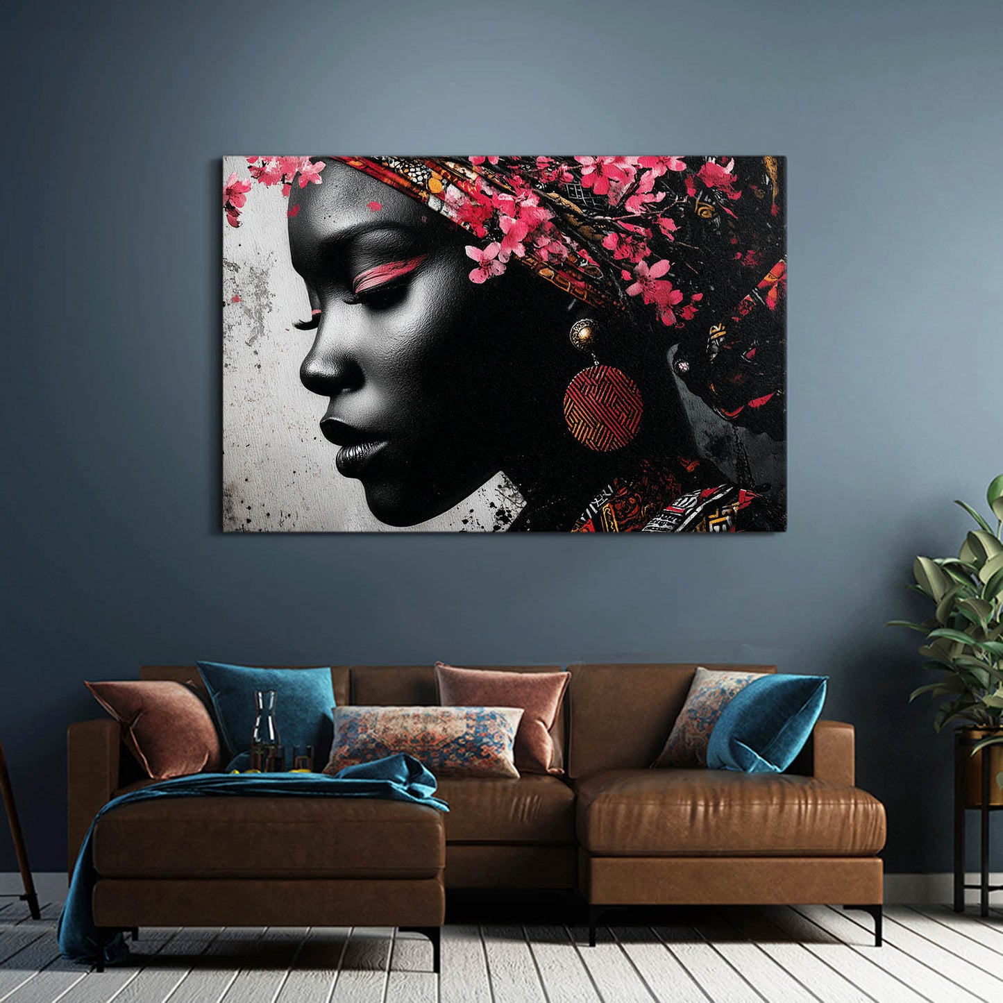 Gilded Headwrap Portrait Cherry Blossom Canvas Art – styled in a furnished interior