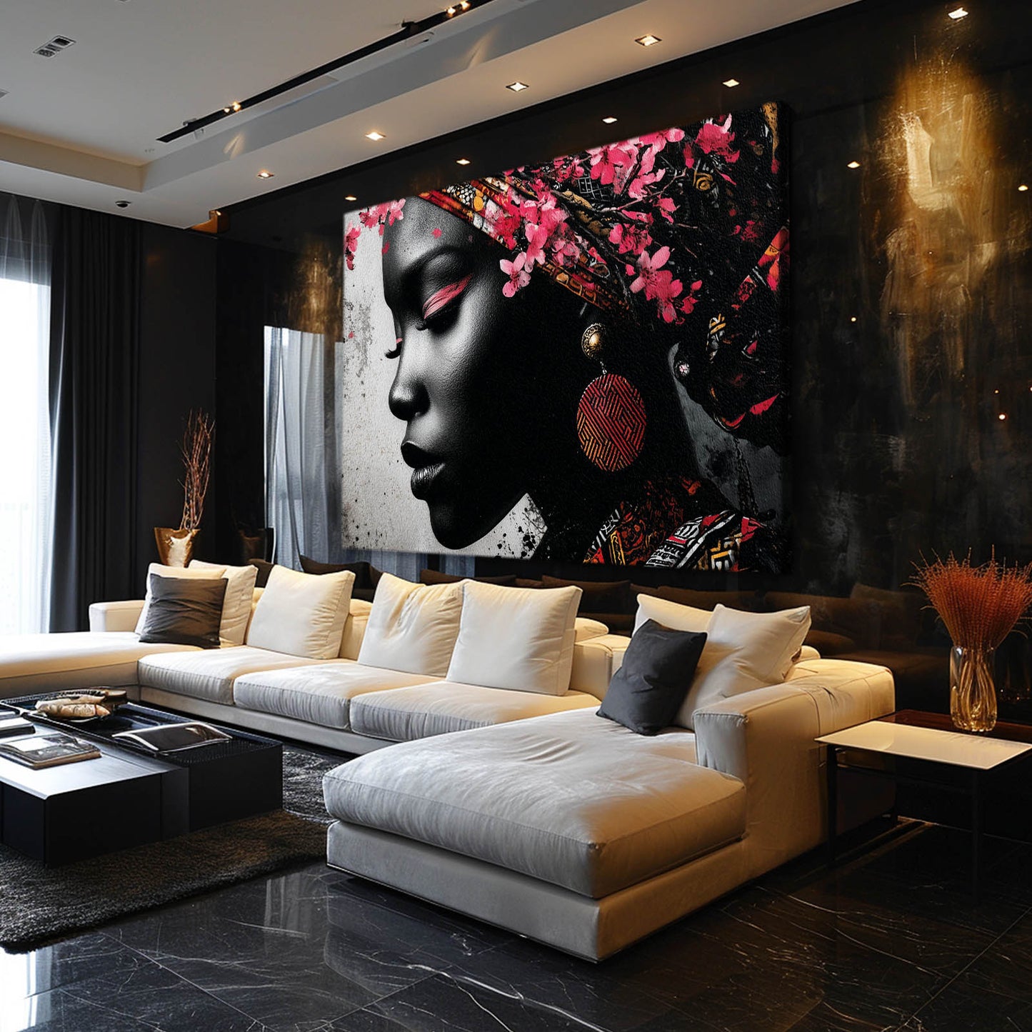 Gilded Headwrap Portrait Cherry Blossom Canvas Art – styled in a furnished interior