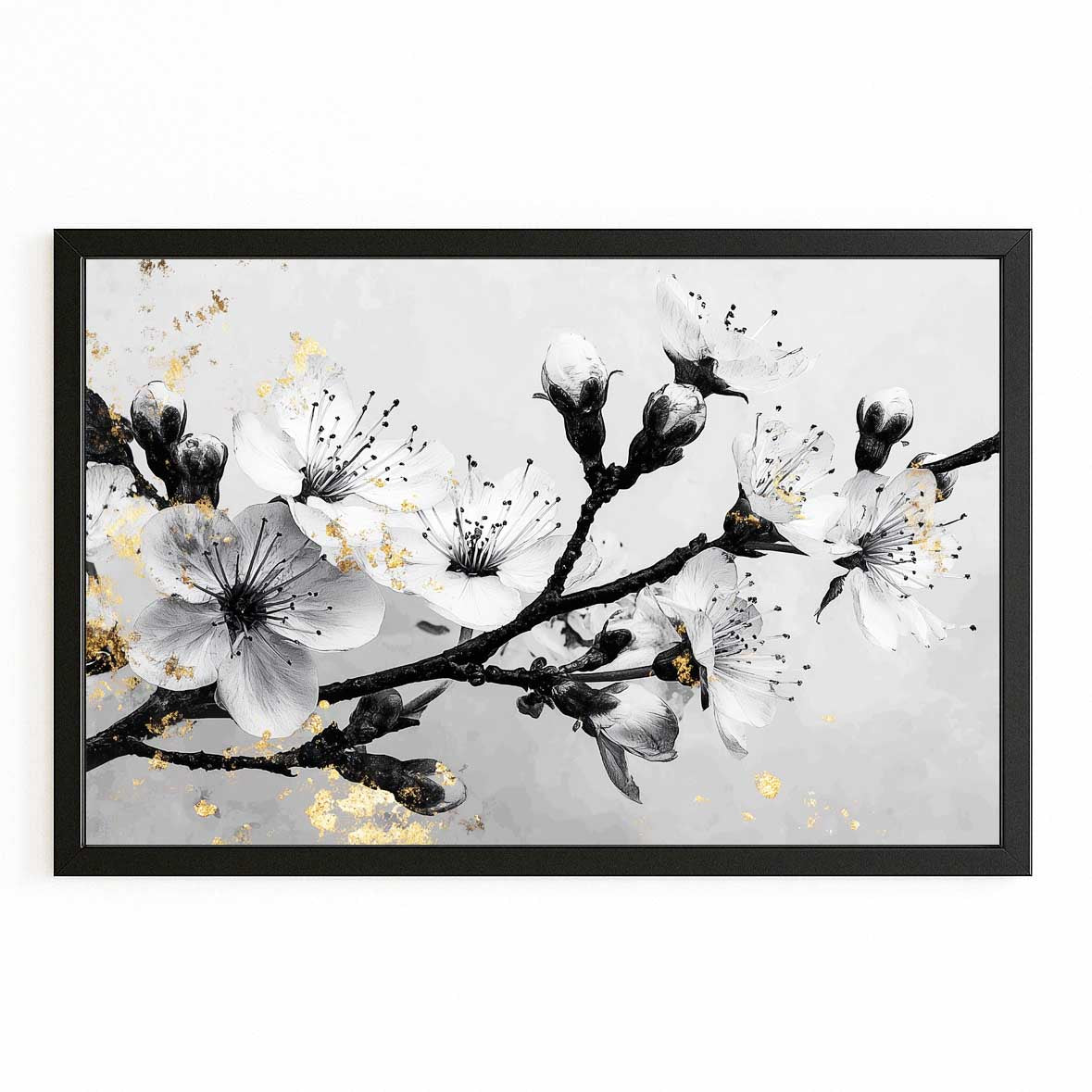 Gilded Ink Branch Cherry Blossom Wall Art – with Premium Black frame on white background