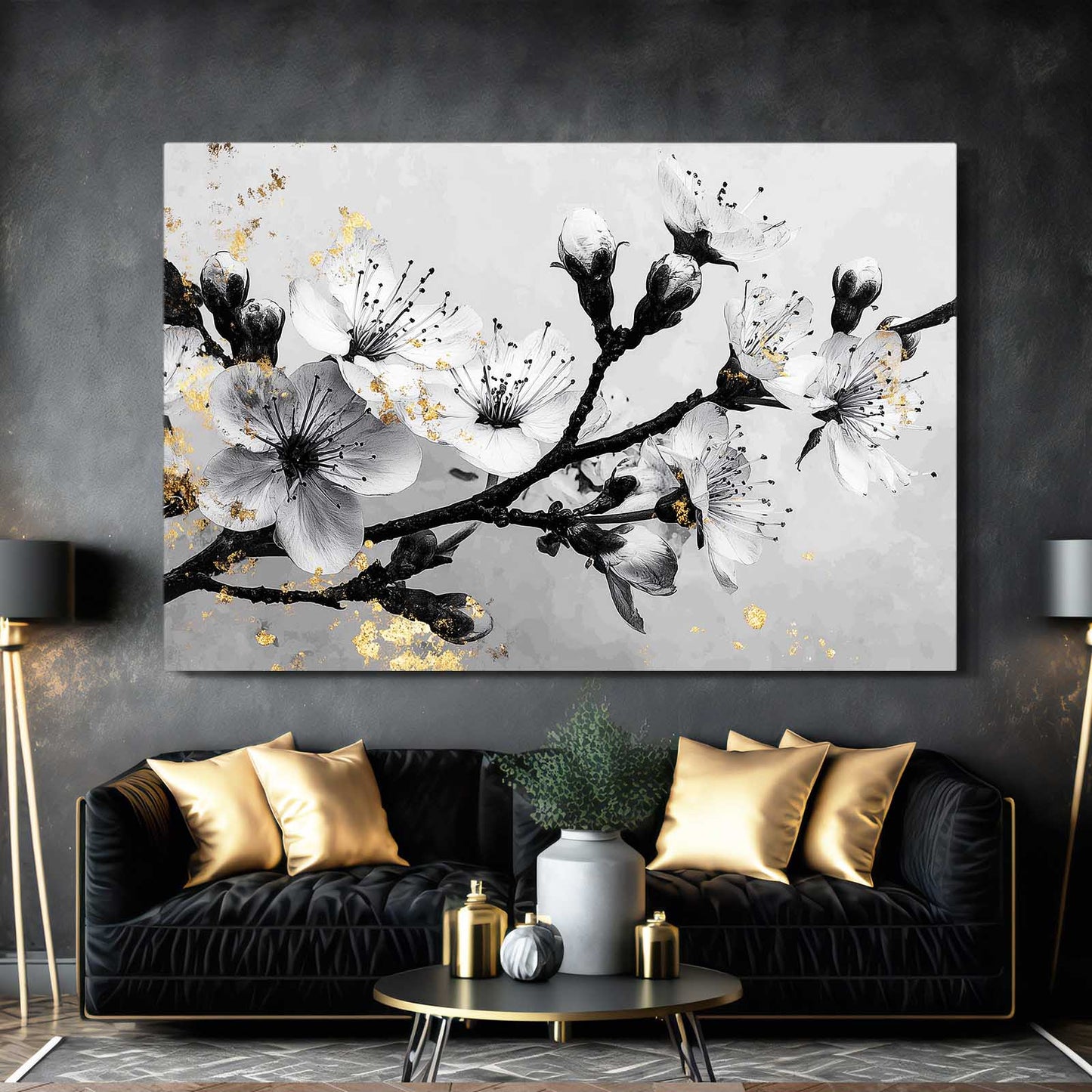 Gilded Ink Branch Cherry Blossom Wall Art – styled in a furnished interior