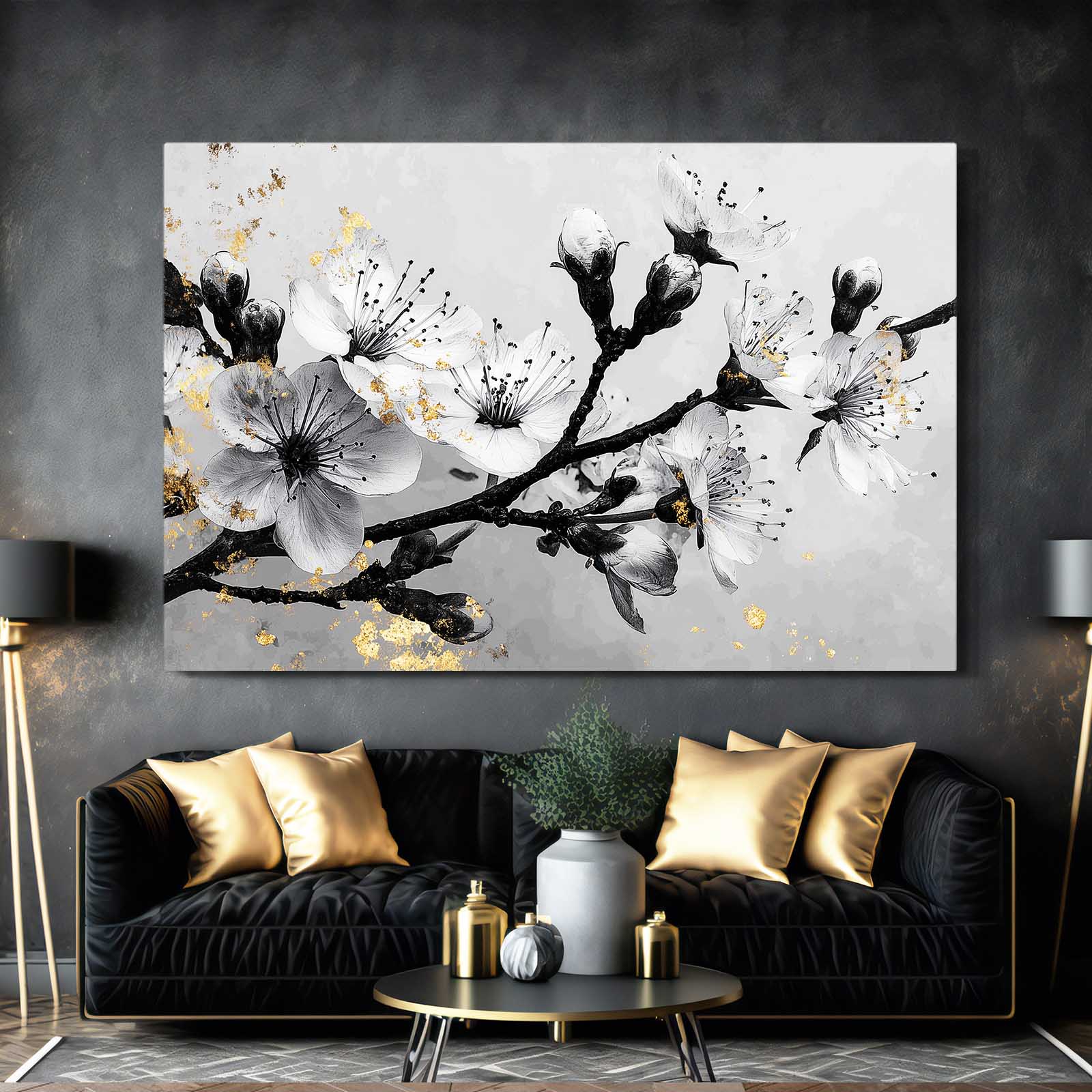 Gilded Ink Branch Cherry Blossom Wall Art – styled in a furnished interior