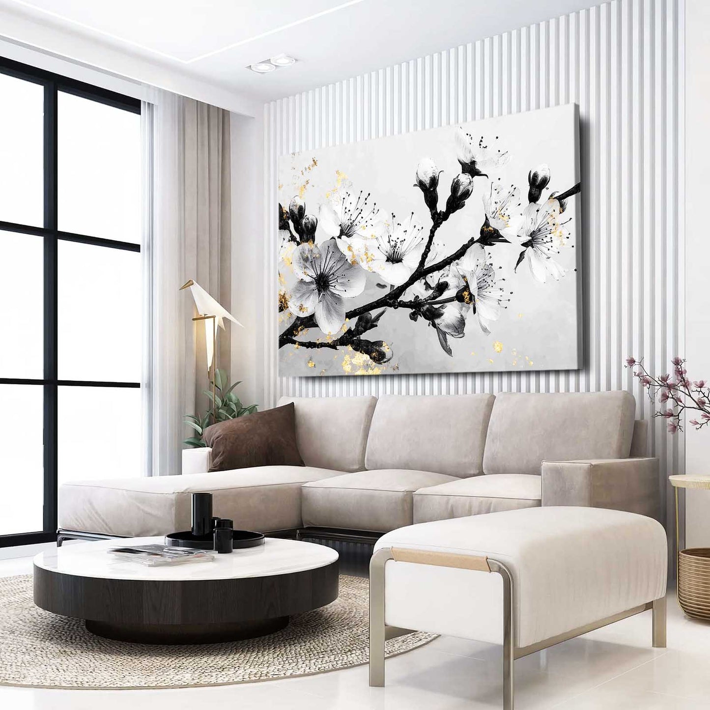 Gilded Ink Branch Cherry Blossom Wall Art – styled in a furnished interior