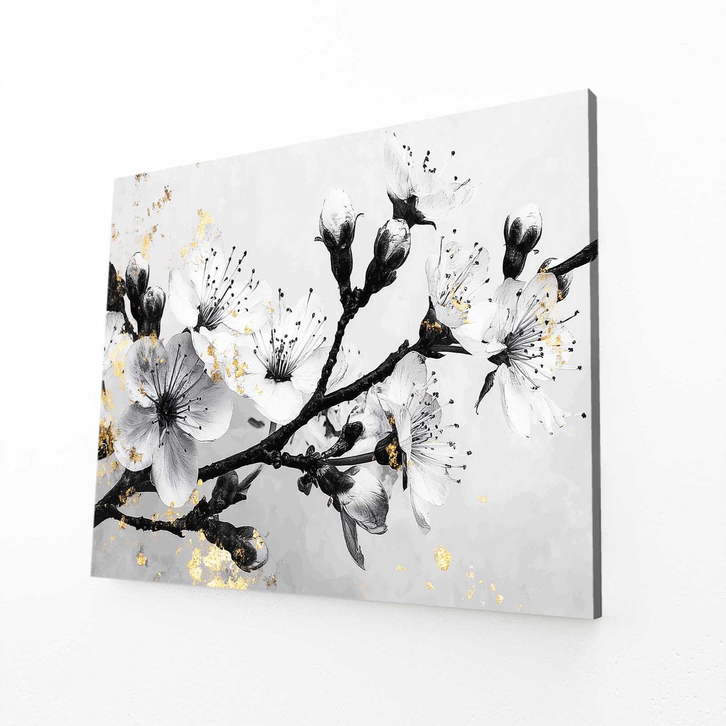 Gilded Ink Branch Cherry Blossom Wall Art – angled canvas view on white background