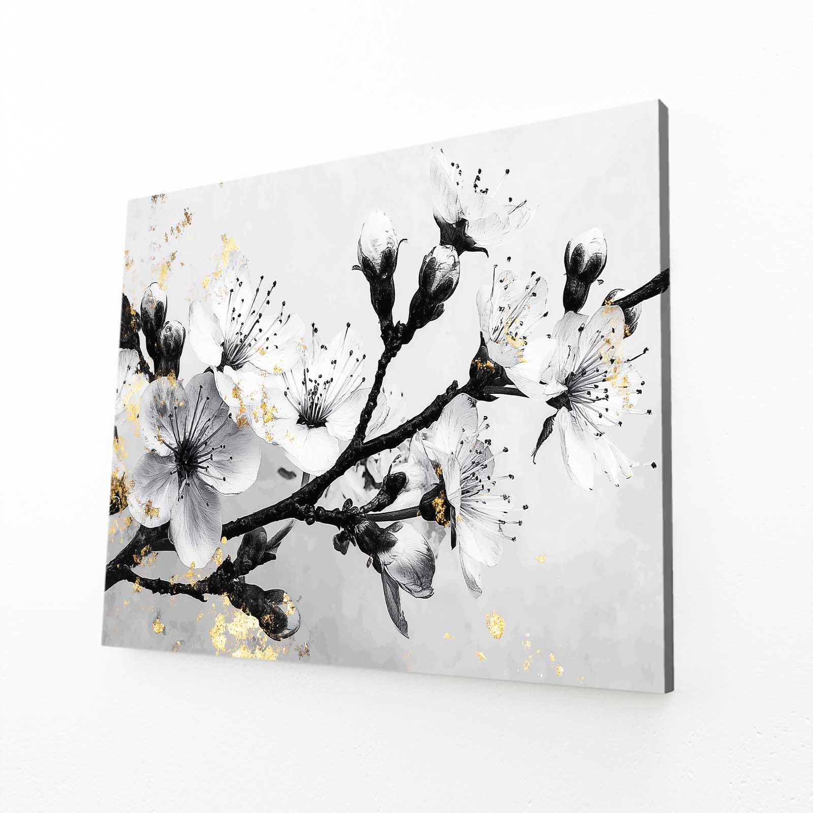 Gilded Ink Branch Cherry Blossom Wall Art – angled canvas view on white background