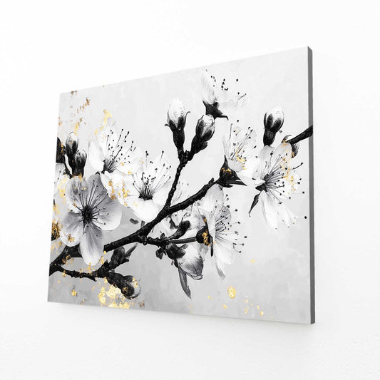 Gilded Ink Branch Cherry Blossom Wall Art – angled canvas view on white background