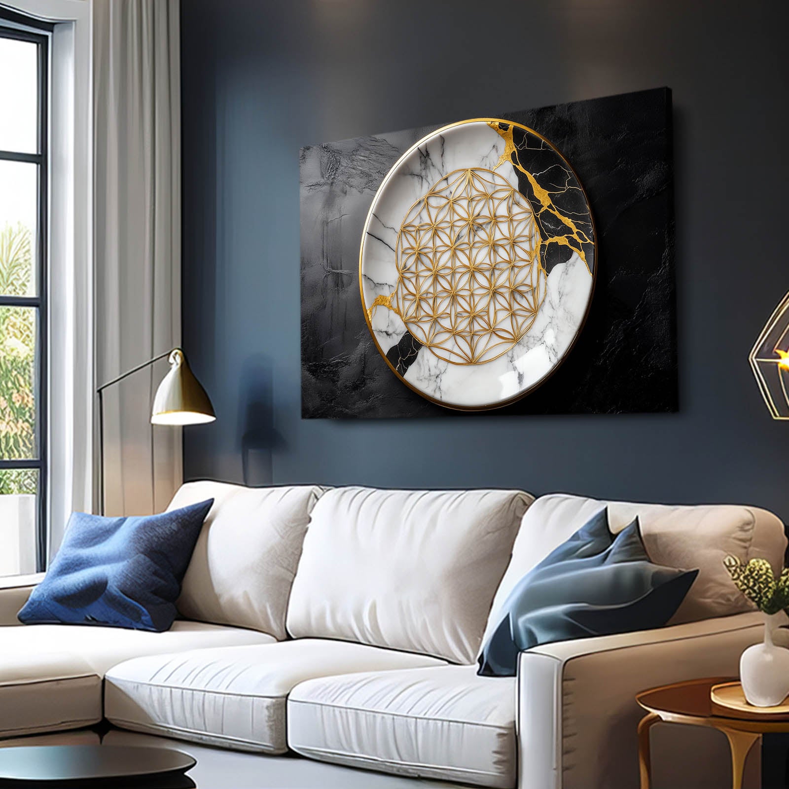 Gilded Marble Medallion Flower Of Life Canvas Art – styled in a furnished interior