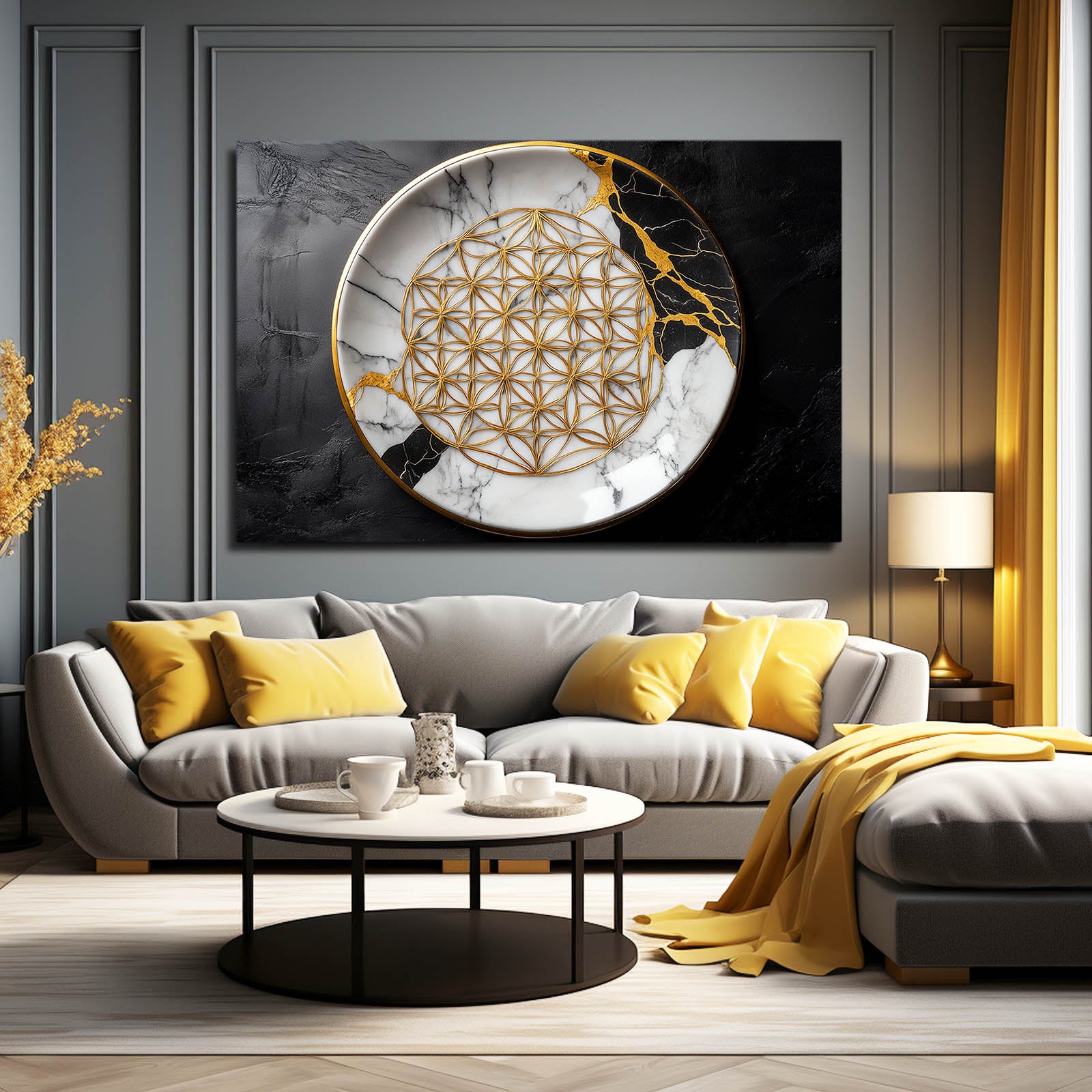 Gilded Marble Medallion Flower Of Life Canvas Art – styled in a furnished interior