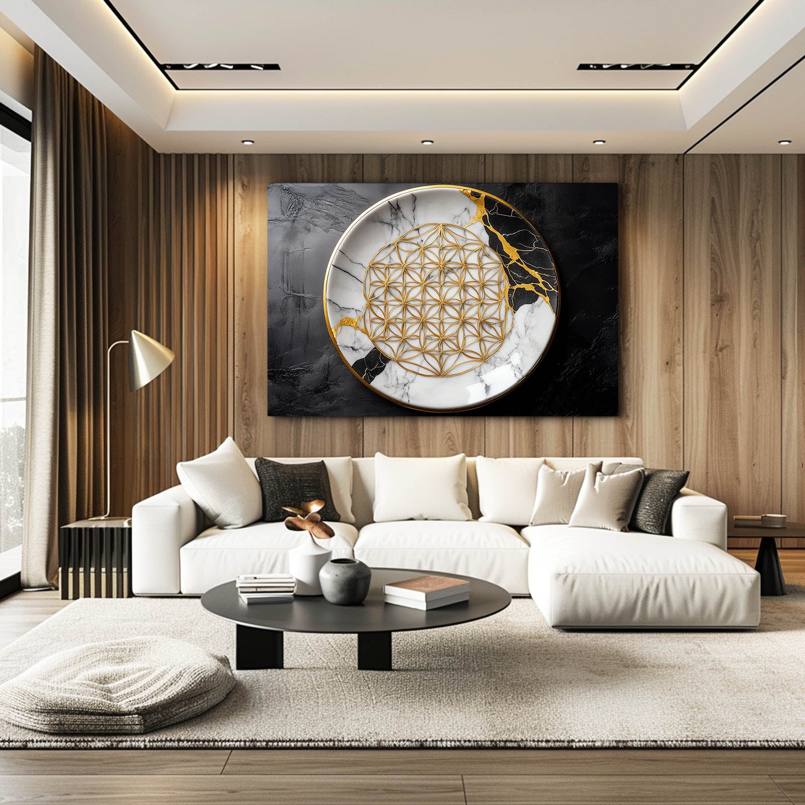 Gilded Marble Medallion Flower Of Life Canvas Art – styled in a furnished interior
