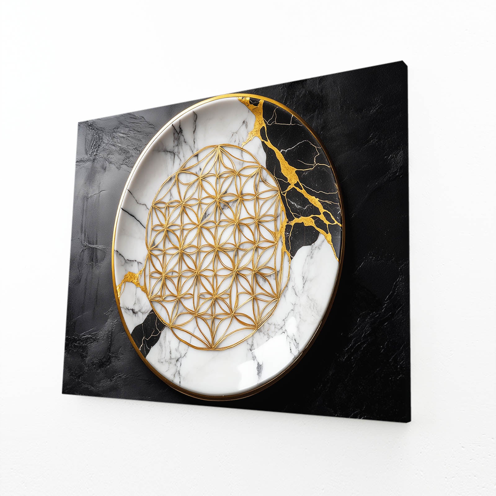 Gilded Marble Medallion Flower Of Life Canvas Art – angled canvas view on white background
