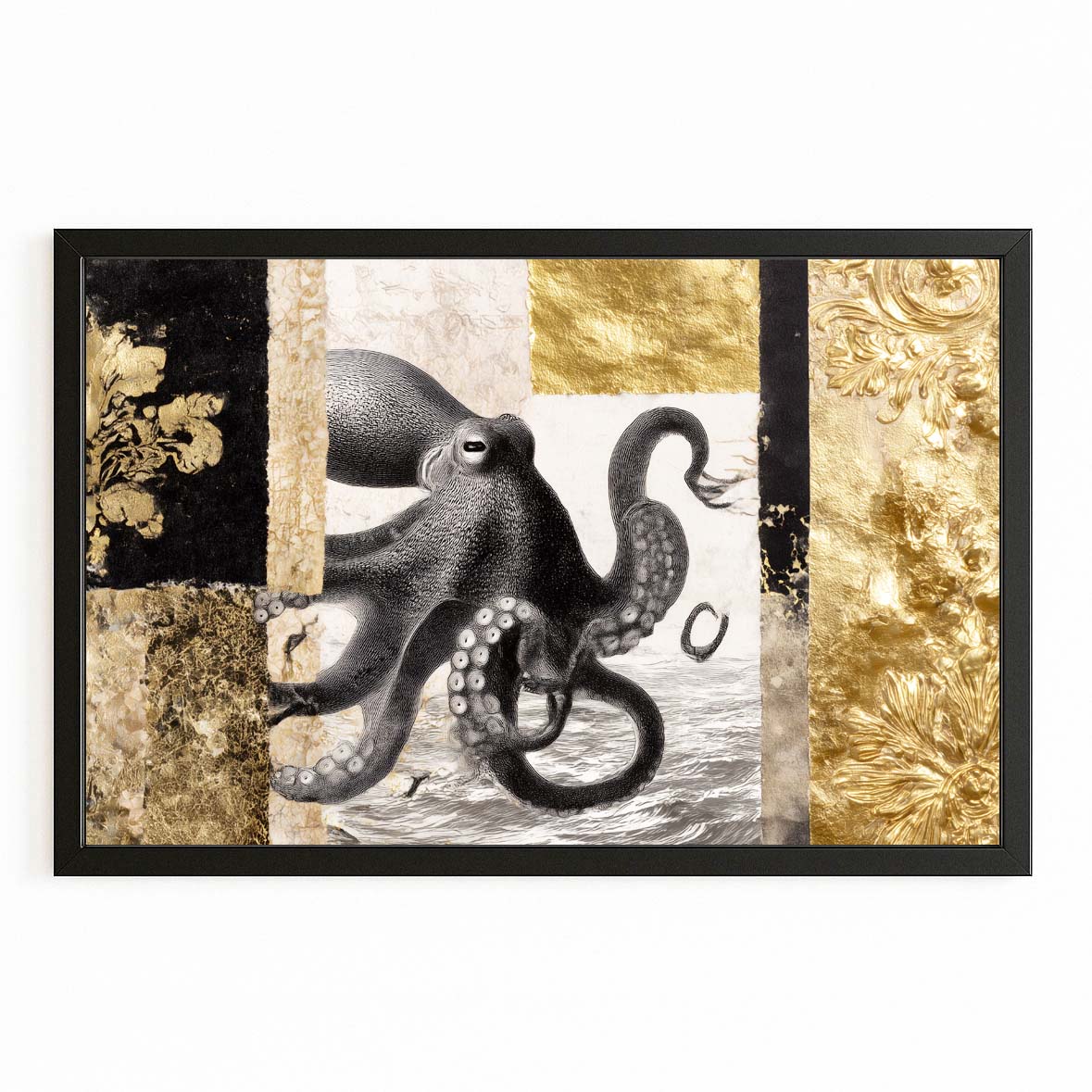 Gilded Panel Study Octopus Prints – with Premium Black frame on white background