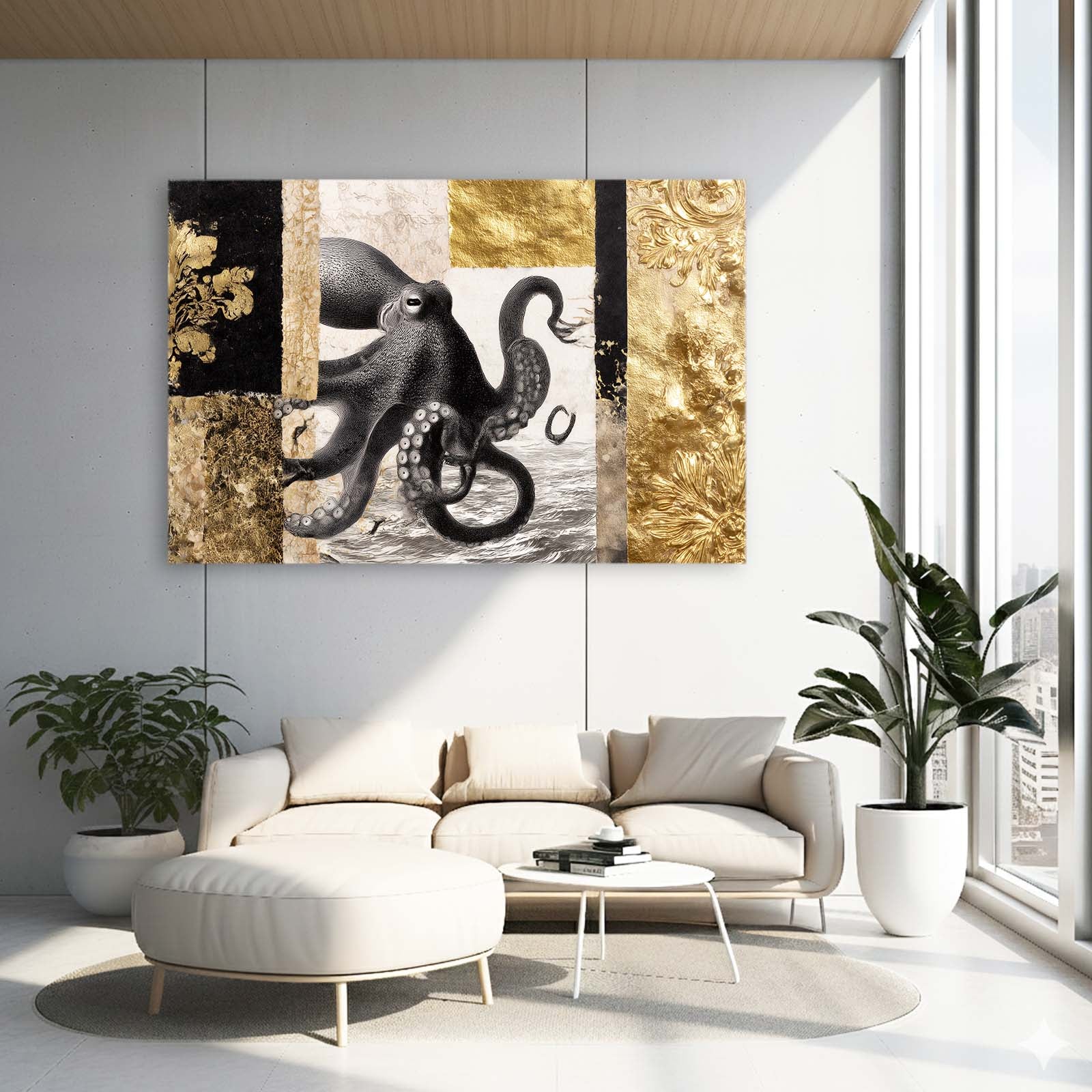Gilded Panel Study Octopus Prints – styled in a furnished interior