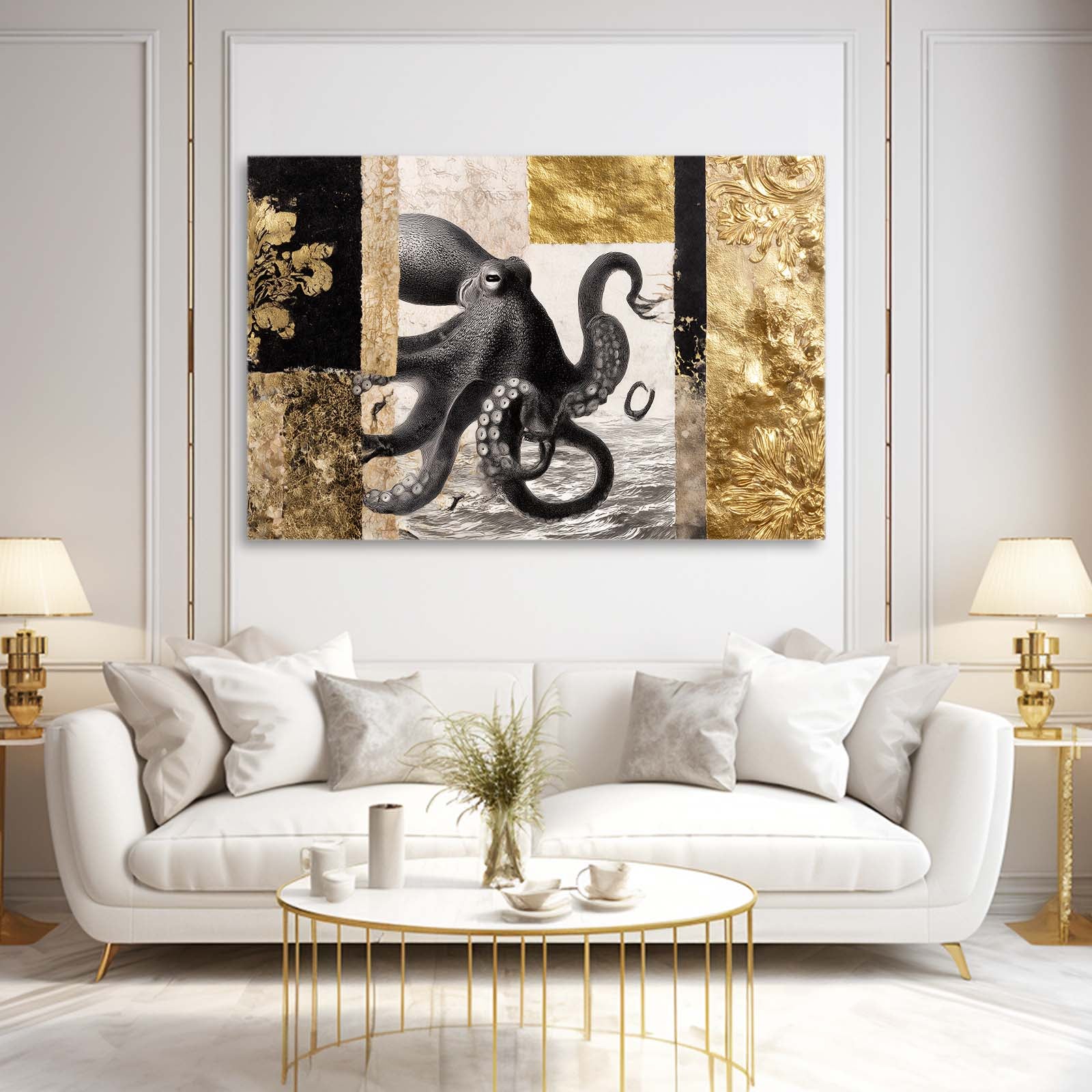 Gilded Panel Study Octopus Prints – styled in a furnished interior