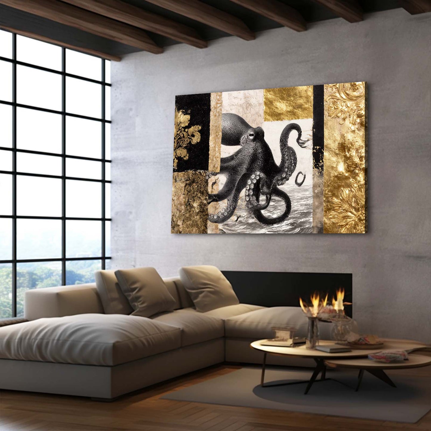 Gilded Panel Study Octopus Prints – styled in a furnished interior
