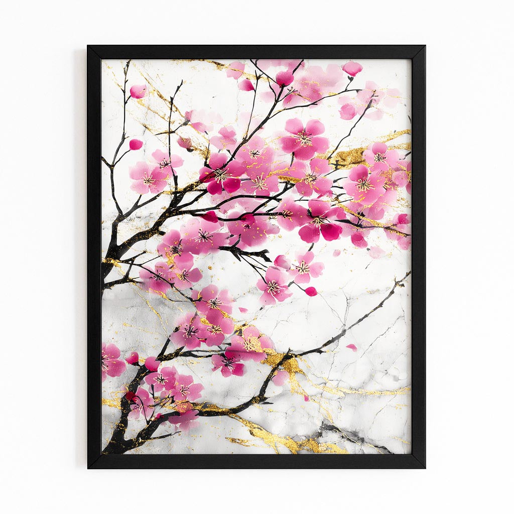 Gilded Petal Spray Cherry Blossom Prints – with Premium Black frame on white background