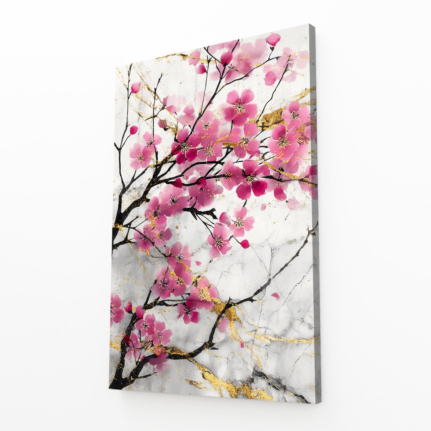 Gilded Petal Spray Cherry Blossom Prints – angled canvas view on white background
