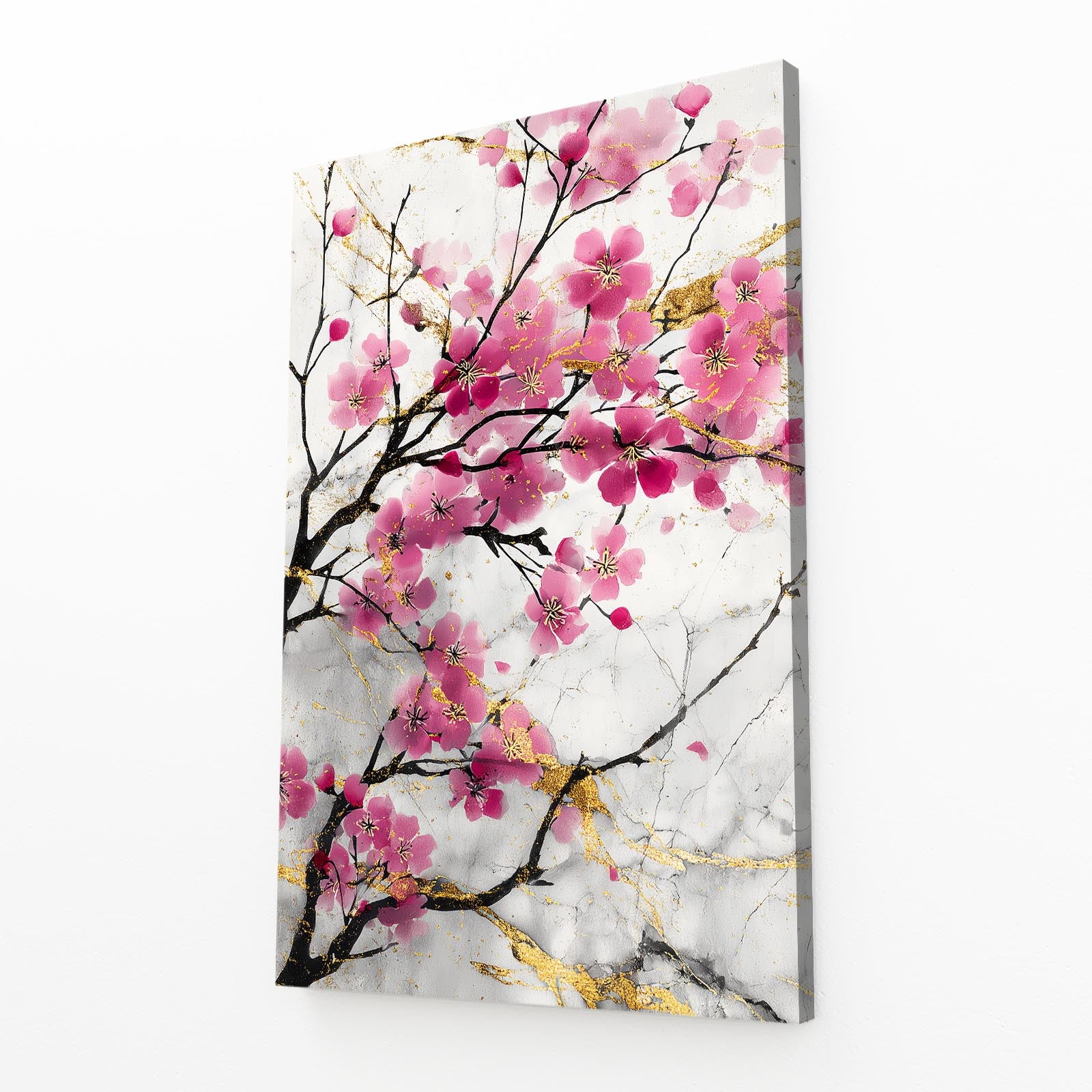 Gilded Petal Spray Cherry Blossom Prints – angled canvas view on white background