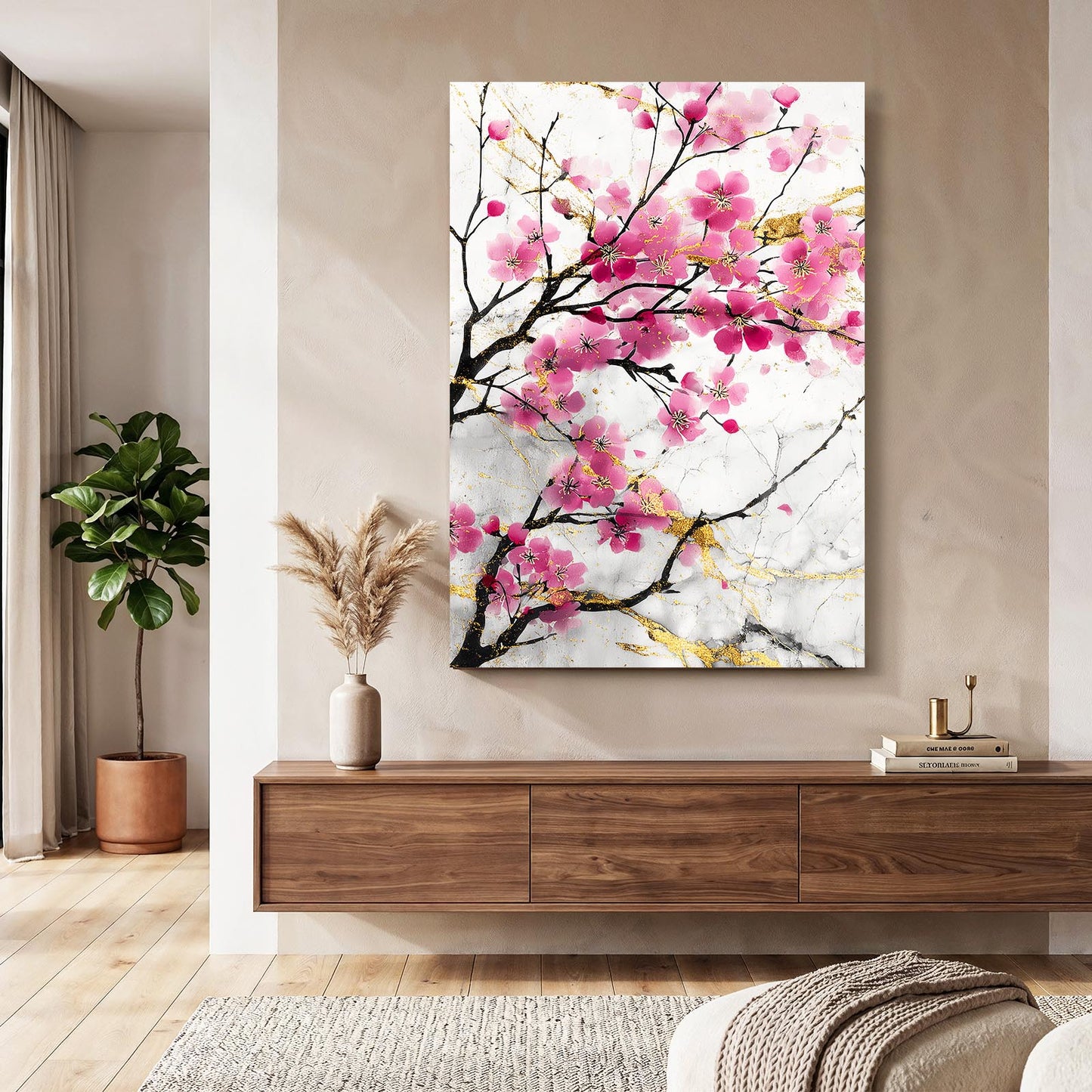 Gilded Petal Spray Cherry Blossom Prints – styled in a furnished interior