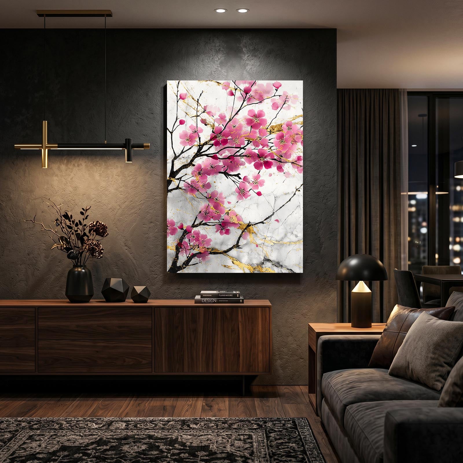 Gilded Petal Spray Cherry Blossom Prints – styled in a furnished interior