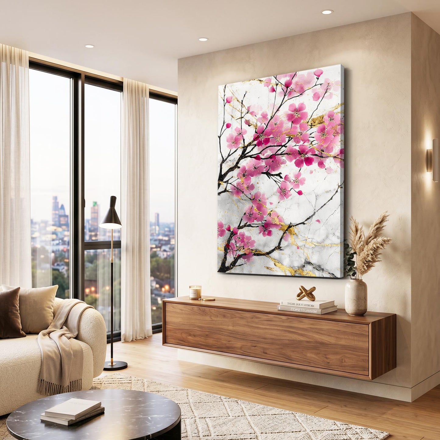Gilded Petal Spray Cherry Blossom Prints – styled in a furnished interior