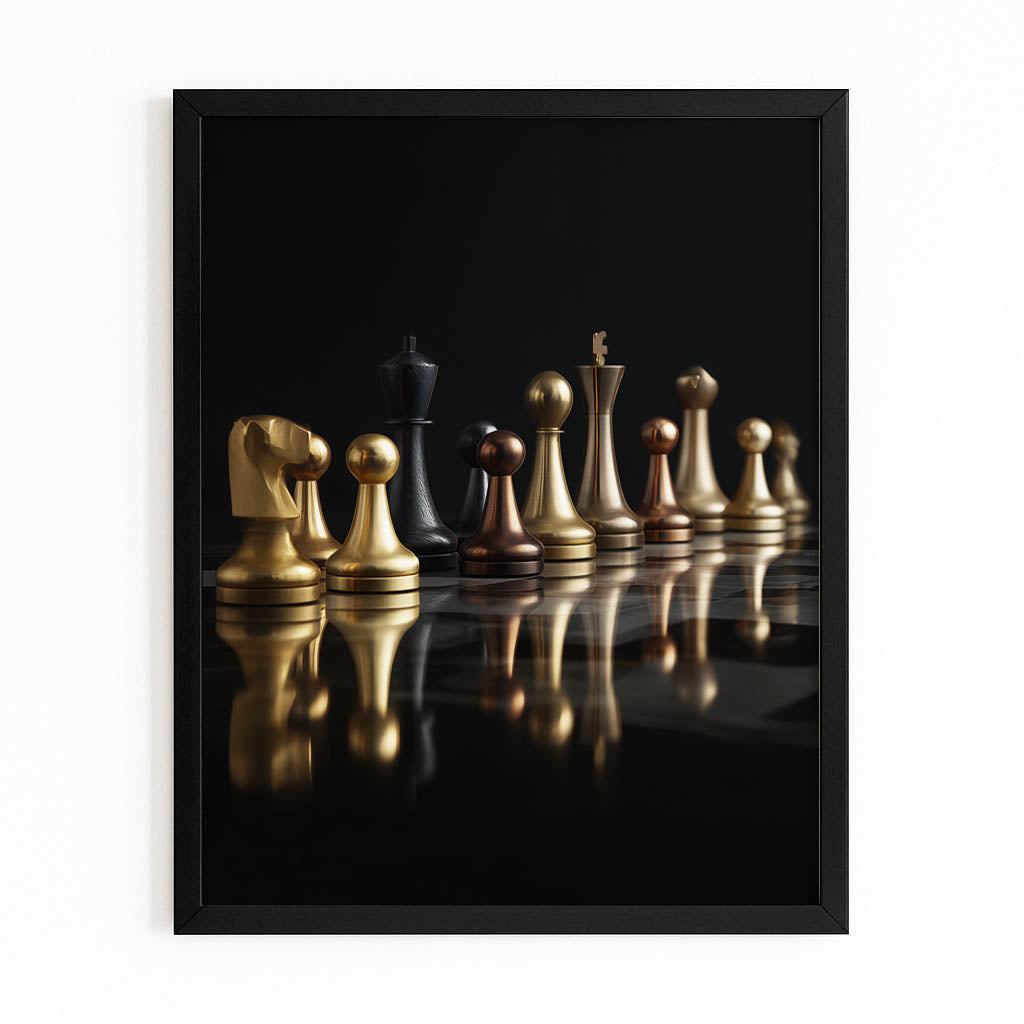 Gilded Piece Row Chess Art – with Premium Black frame on white background