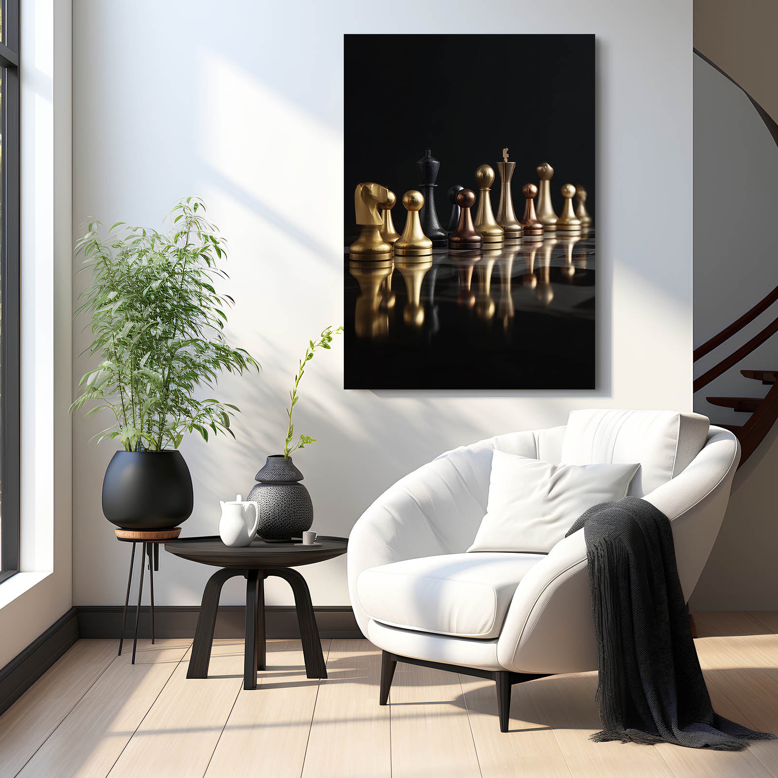 Gilded Piece Row Chess Art – styled in a furnished interior