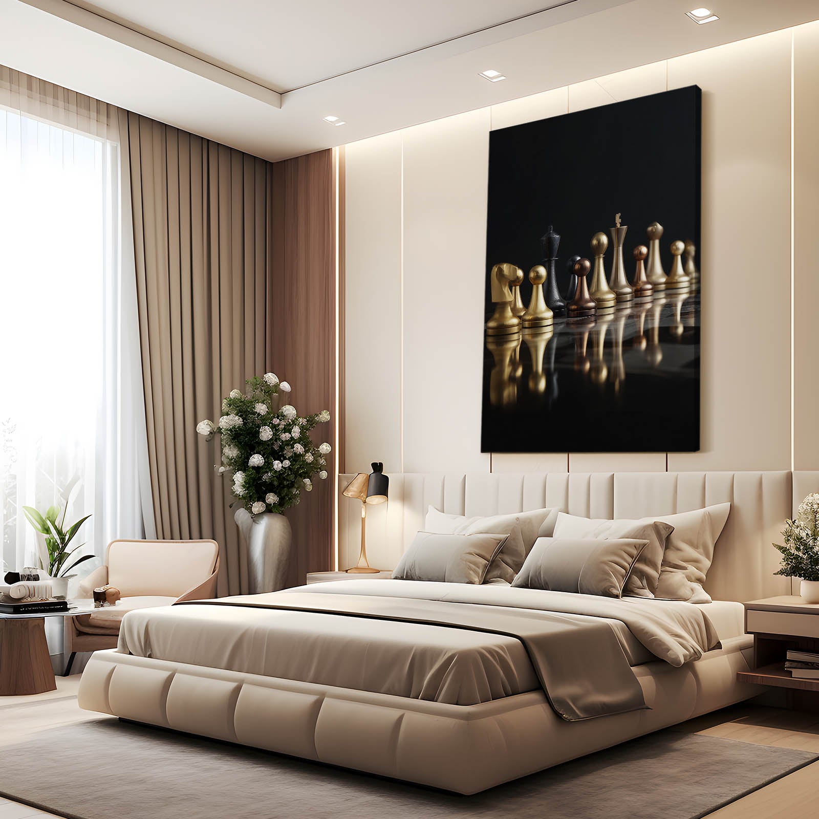 Gilded Piece Row Chess Art – styled in a furnished interior