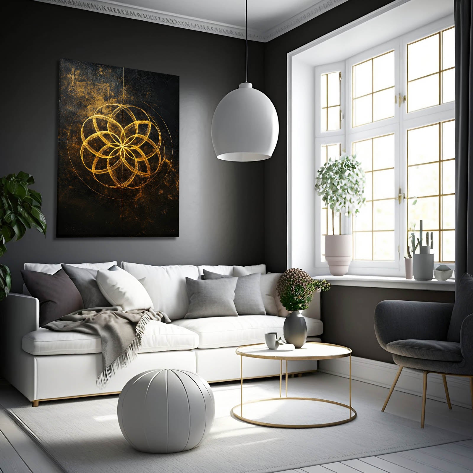 Gilded Seed Circle Flower Of Life Prints – styled in a furnished interior
