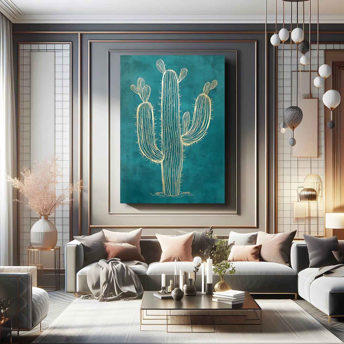 Gilded Teal Outline Cactus Wall Art – styled in a furnished interior
