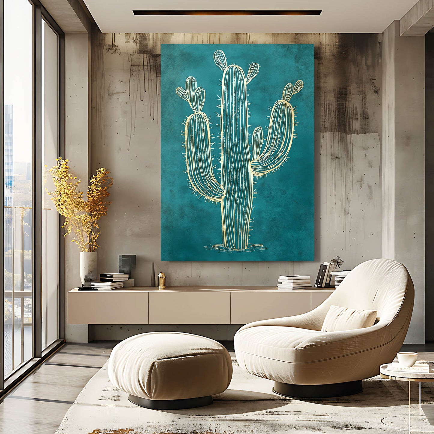 Gilded Teal Outline Cactus Wall Art – styled in a furnished interior