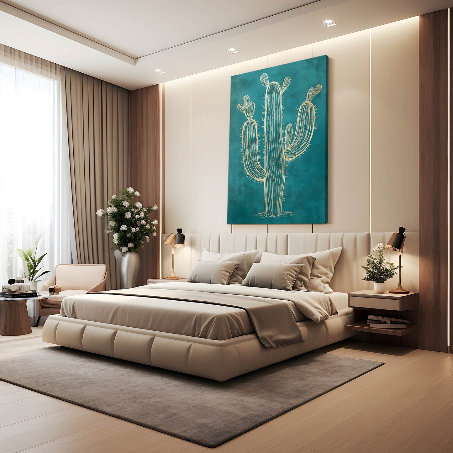 Gilded Teal Outline Cactus Wall Art – styled in a furnished interior