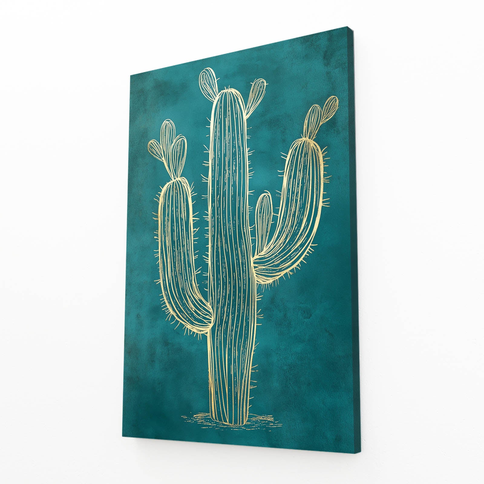 Gilded Teal Outline Cactus Wall Art – angled canvas view on white background