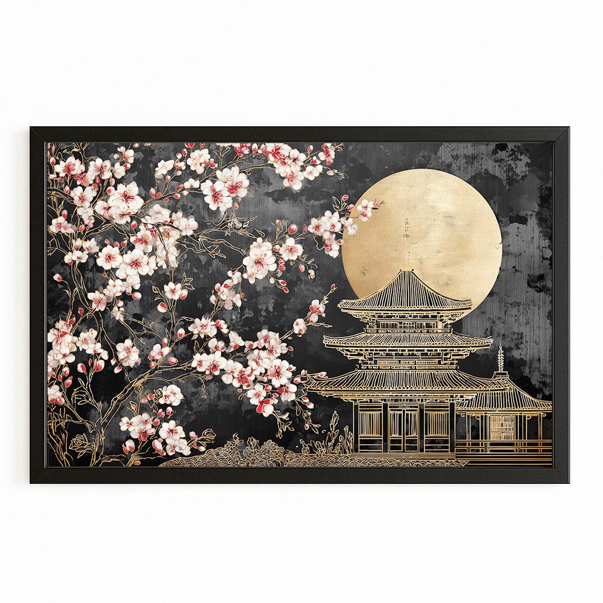 Gilded Temple Moon Cherry Blossom Wall Art – with Premium Black frame on white background