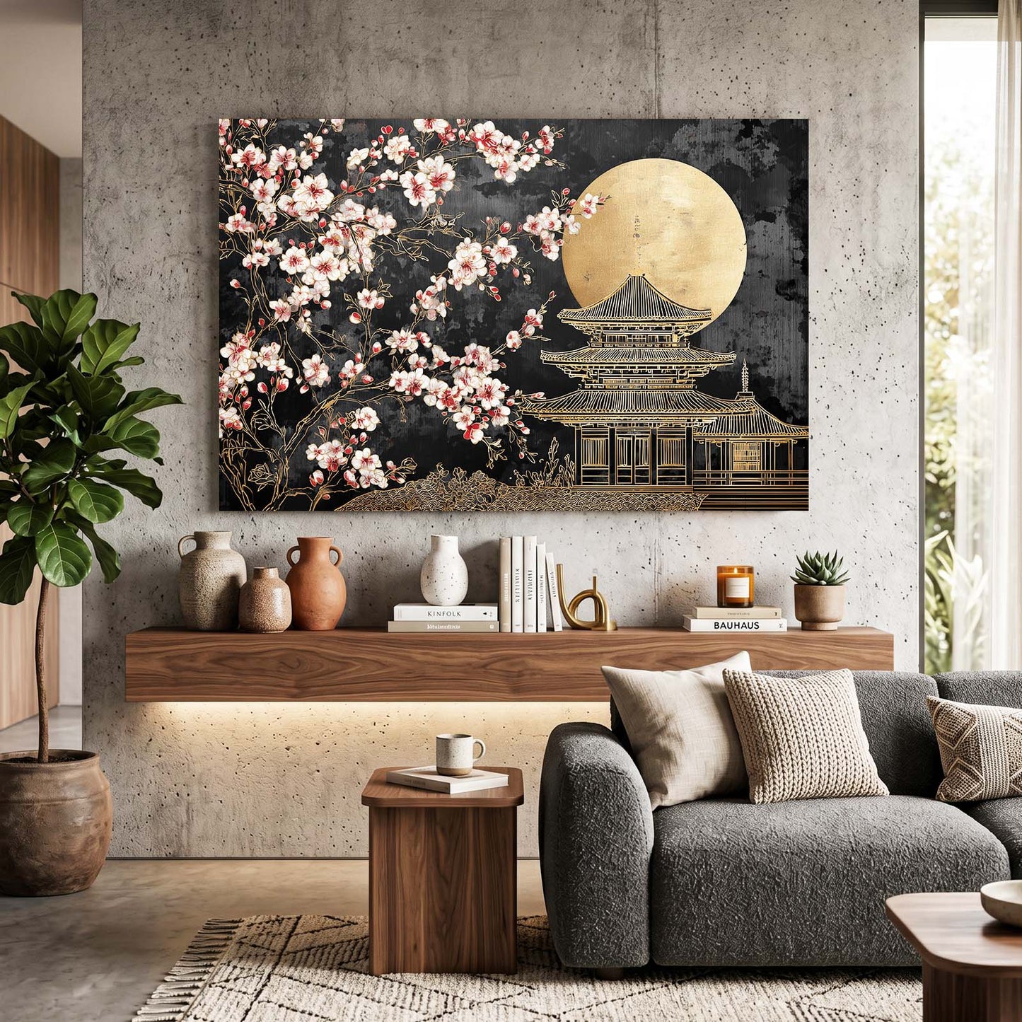 Gilded Temple Moon Cherry Blossom Wall Art – styled in a furnished interior