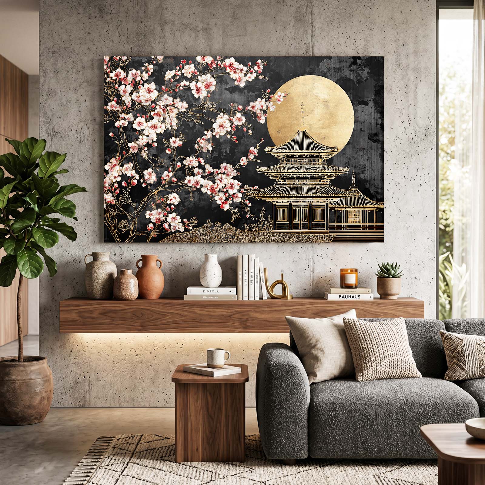 Gilded Temple Moon Cherry Blossom Wall Art – styled in a furnished interior