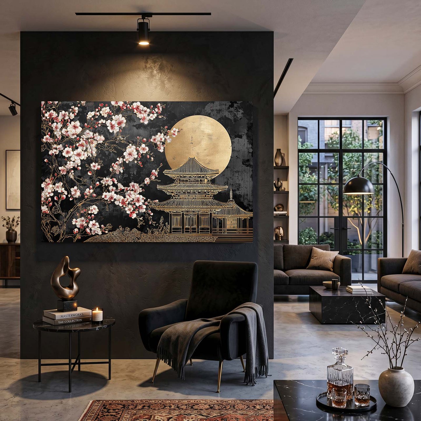 Gilded Temple Moon Cherry Blossom Wall Art – styled in a furnished interior