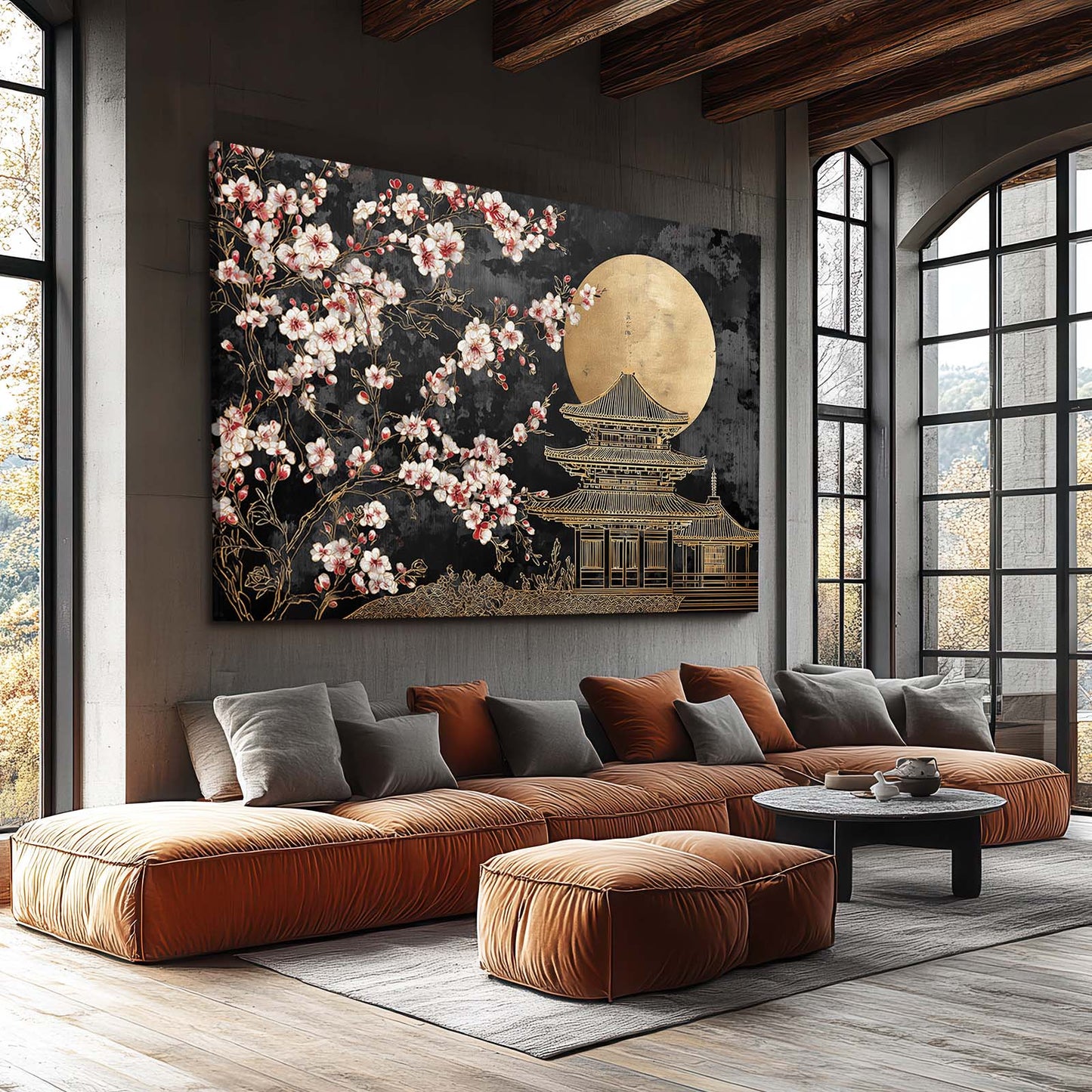 Gilded Temple Moon Cherry Blossom Wall Art – styled in a furnished interior