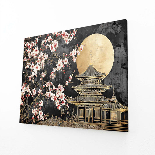 Gilded Temple Moon Cherry Blossom Wall Art – angled canvas view on white background