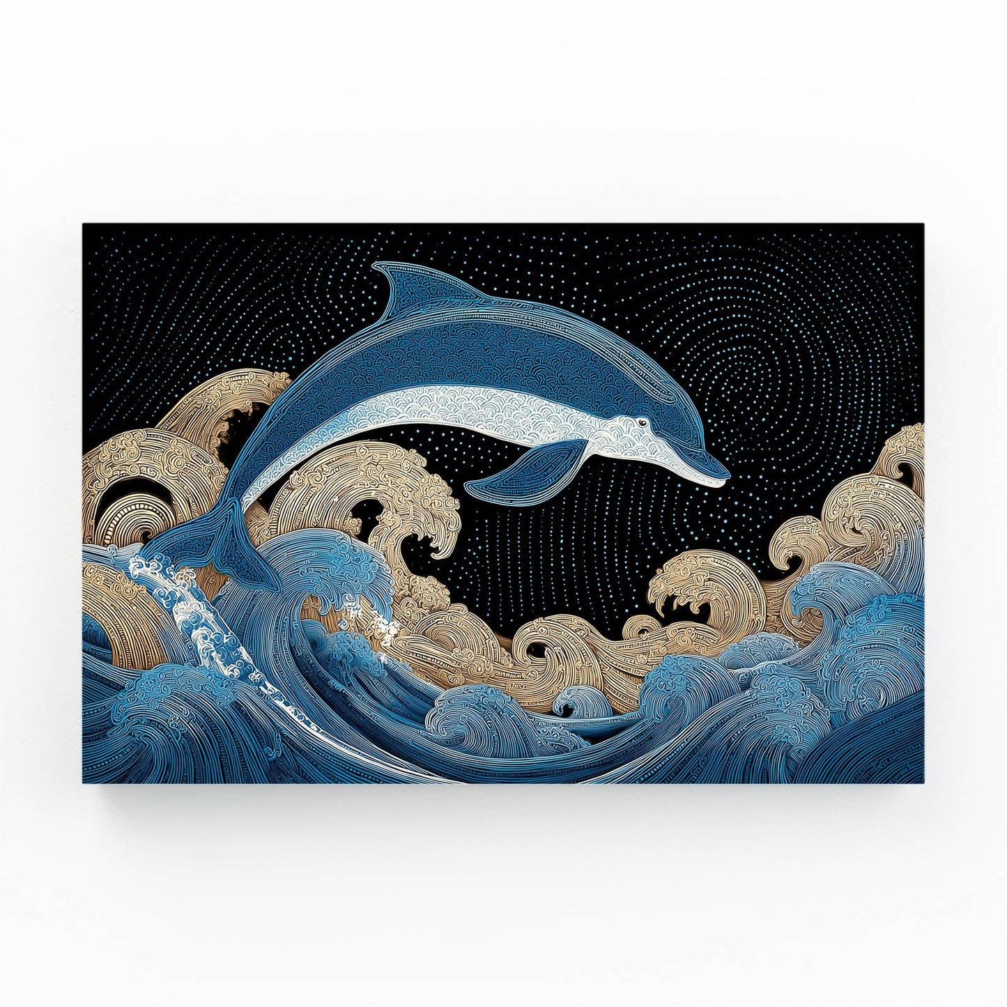 Gilded Wave Dolphin Wall Decor – dolphin riding stylized navy waves with gold accents in japonisme style