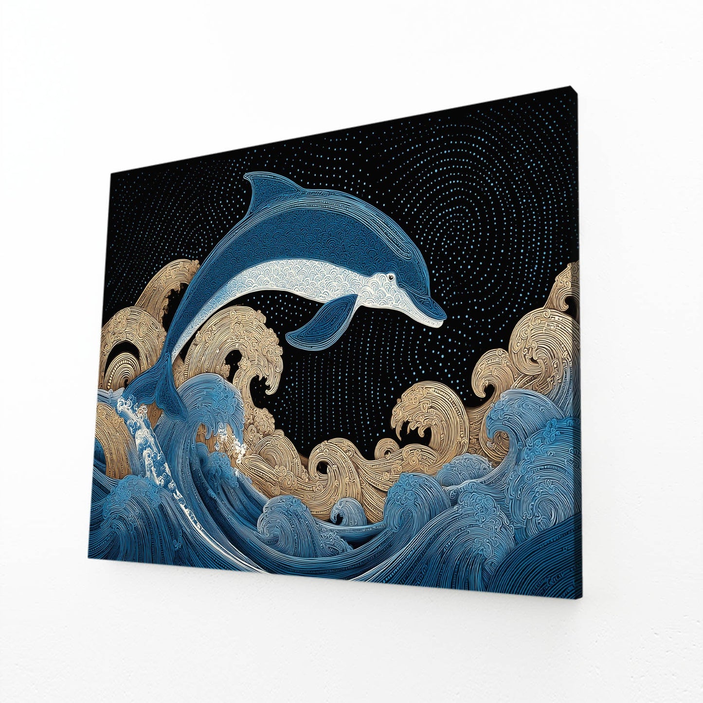 Gilded Wave Dolphin Wall Decor – angled canvas view on white background