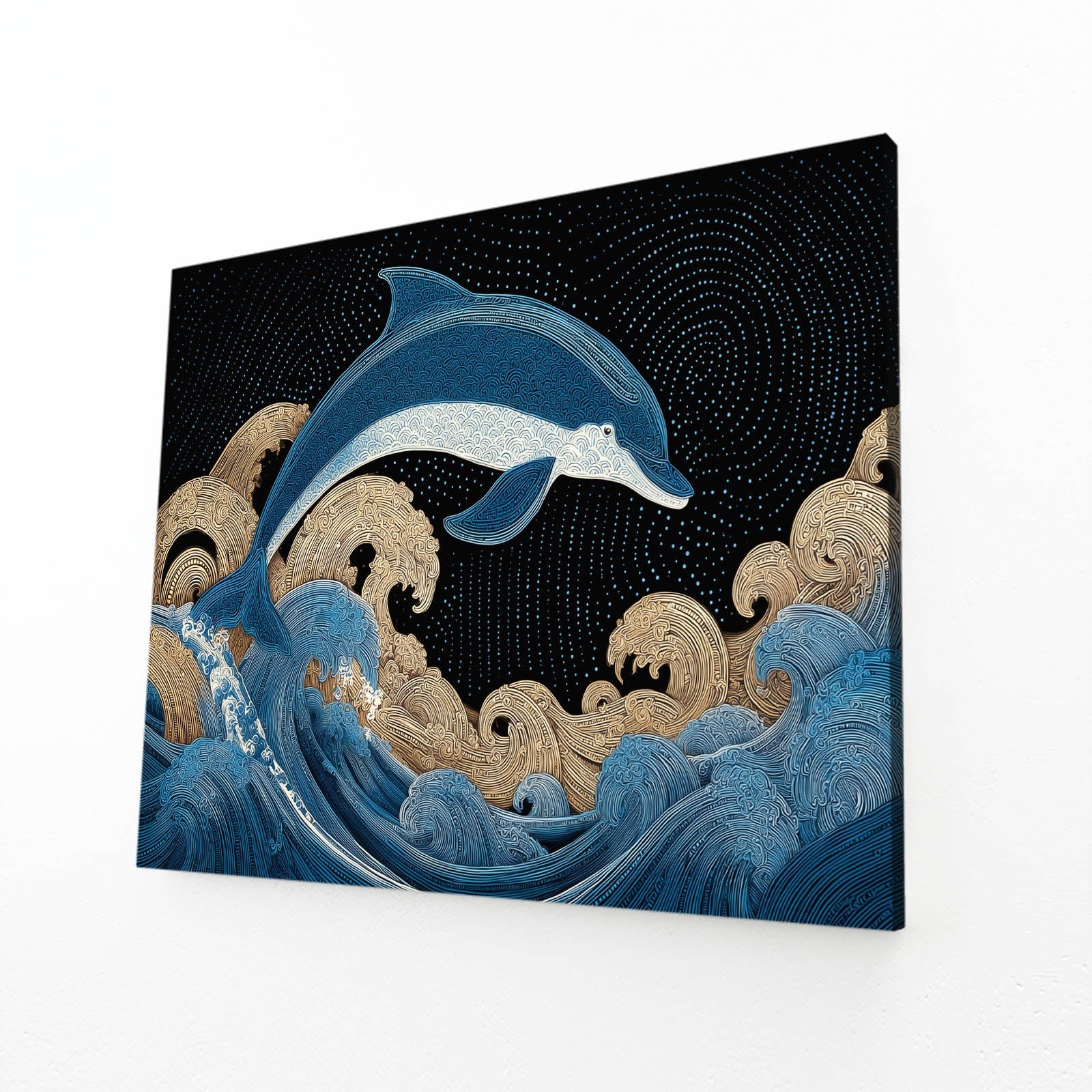 Gilded Wave Dolphin Wall Decor – angled canvas view on white background