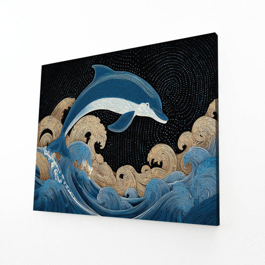 Gilded Wave Dolphin Wall Decor – angled canvas view on white background