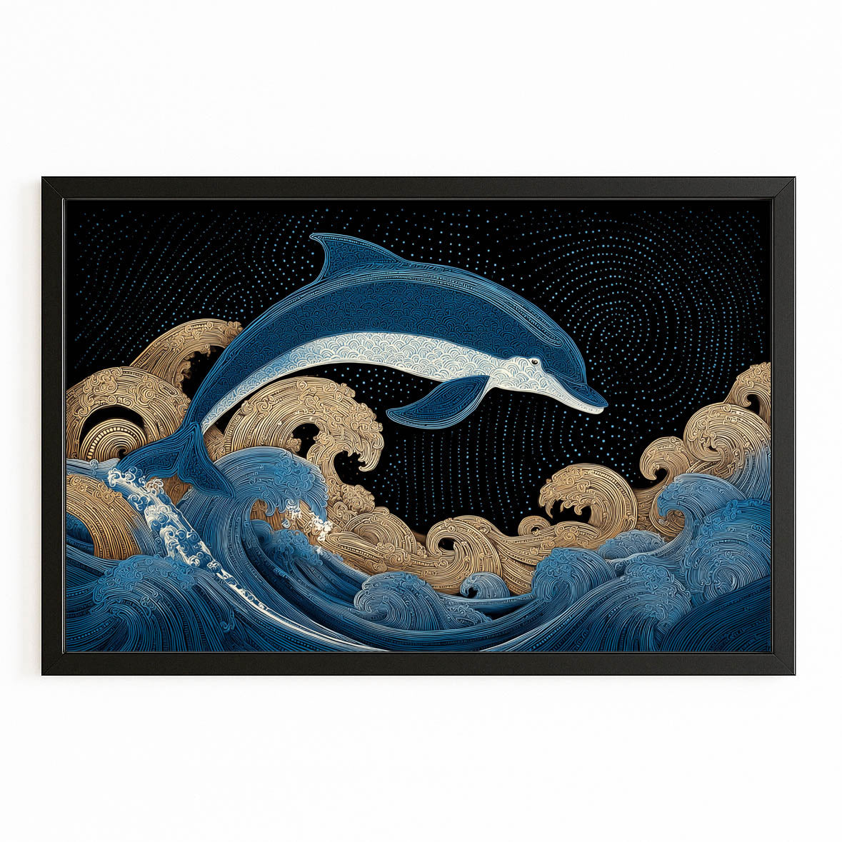 Gilded Wave Dolphin Wall Decor – with Premium Black wood frame on white background