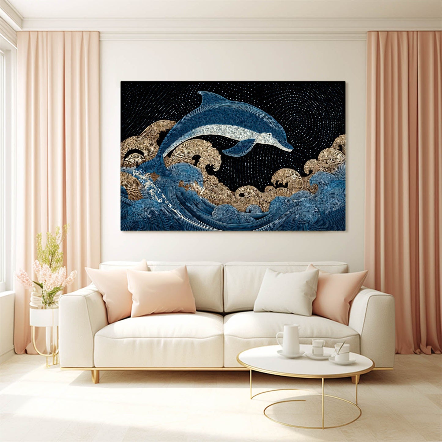Gilded Wave Dolphin Wall Decor – styled in a furnished interior
