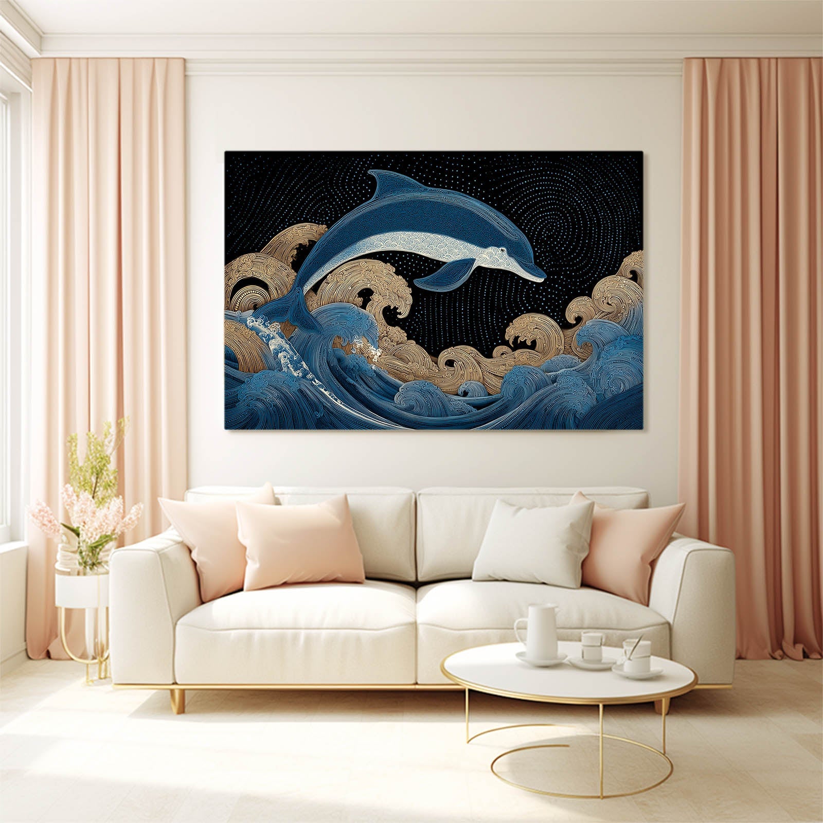 Gilded Wave Dolphin Wall Decor – styled in a furnished interior