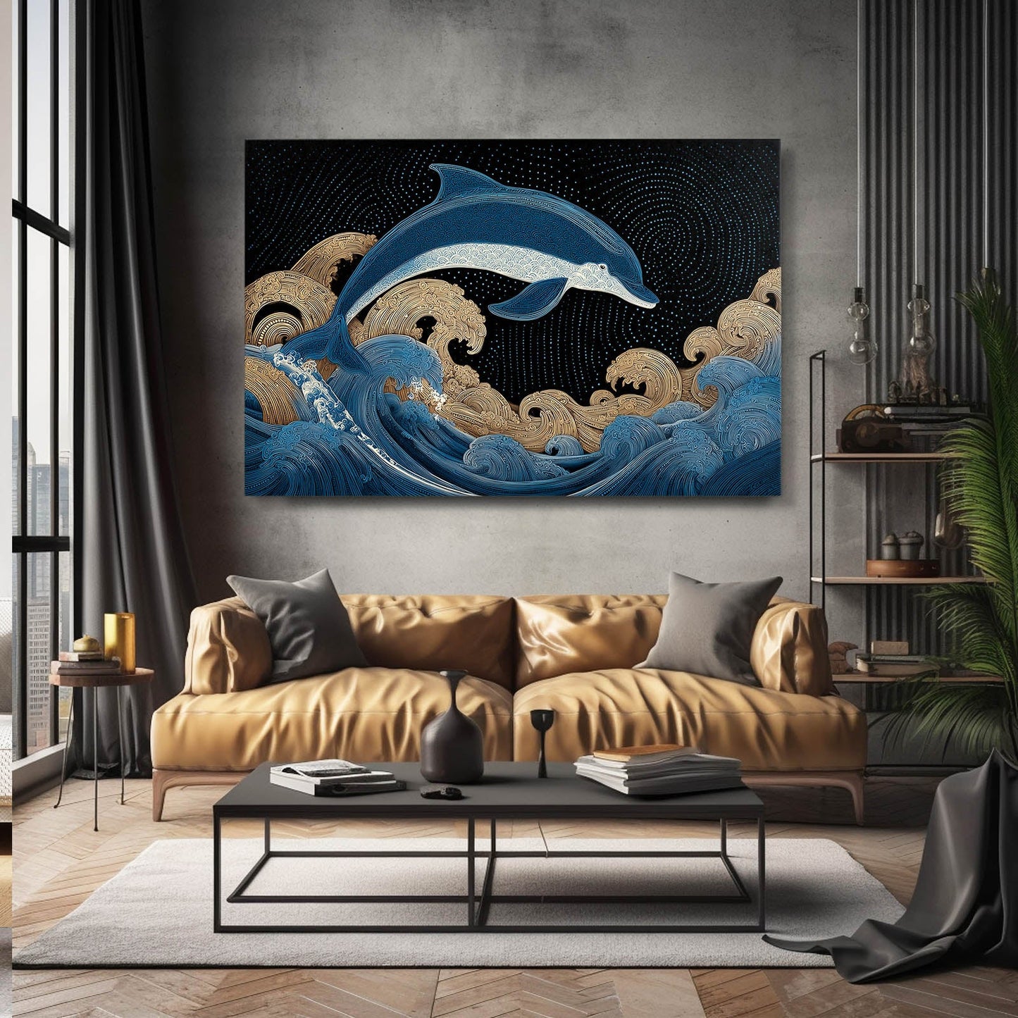 Gilded Wave Dolphin Wall Decor – styled in a furnished interior