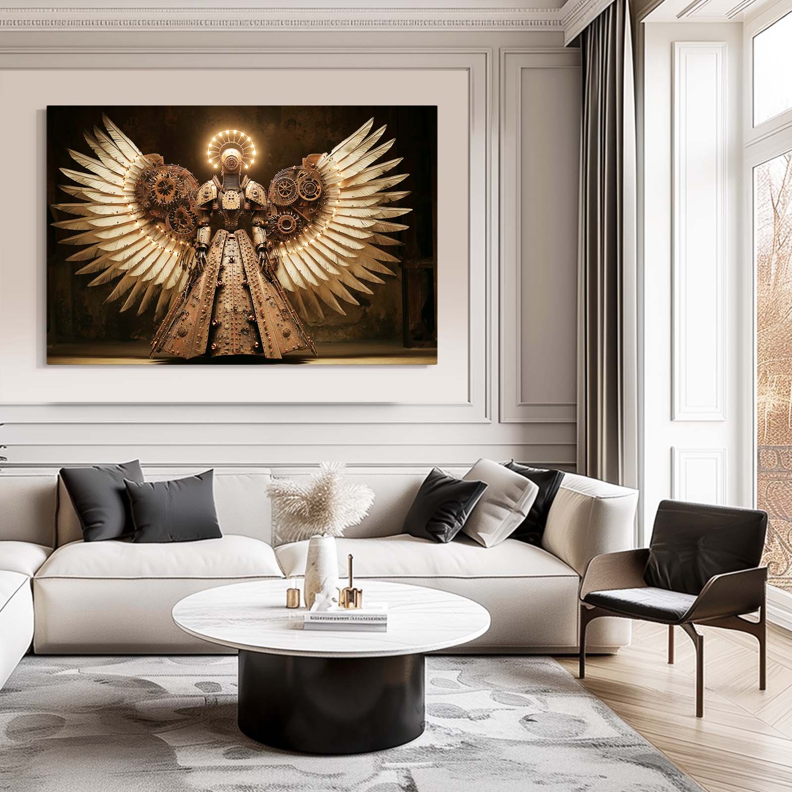 Gilded Winged Seraph Steampunk Prints – styled in a furnished interior