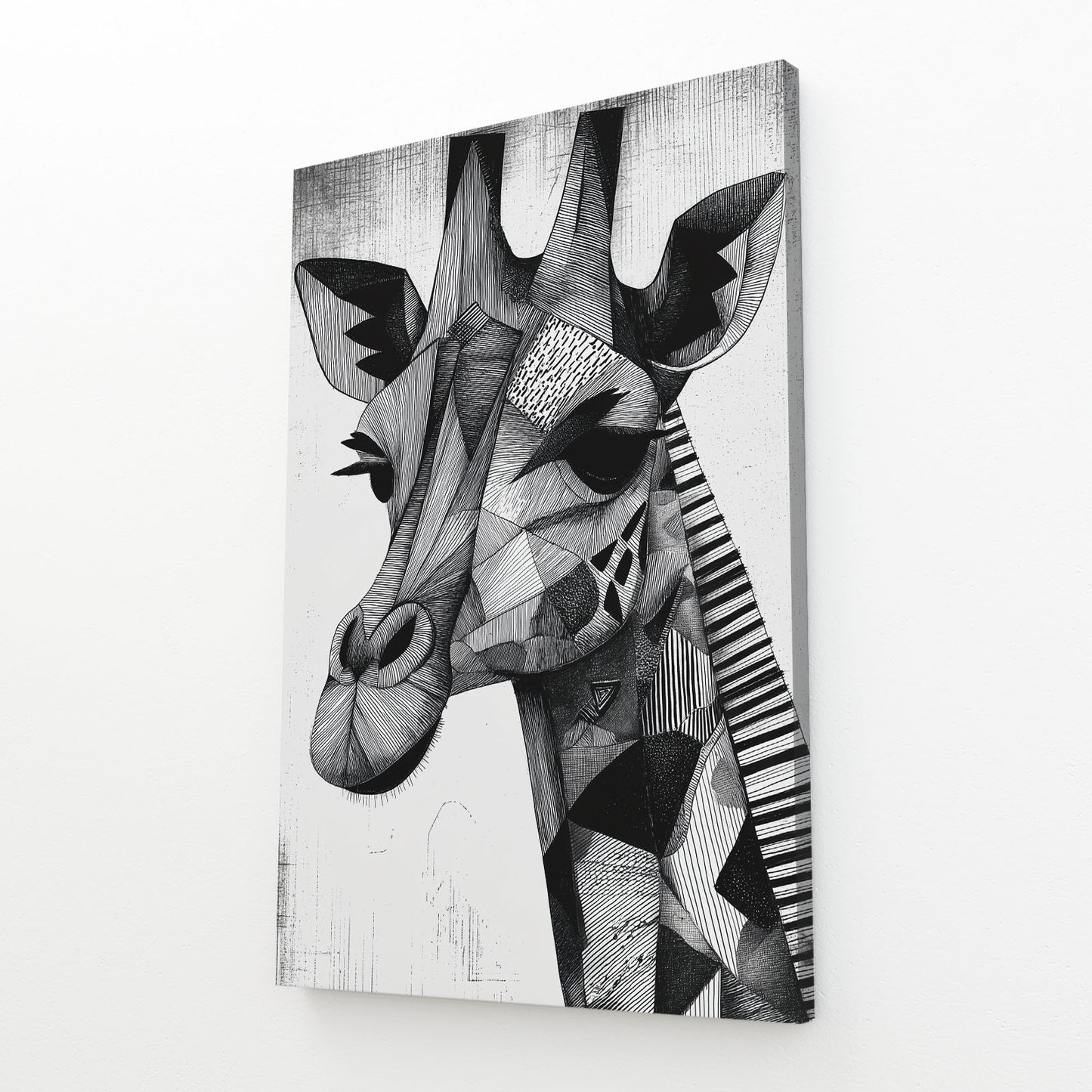 Abstract black and white giraffe artwork on a white background