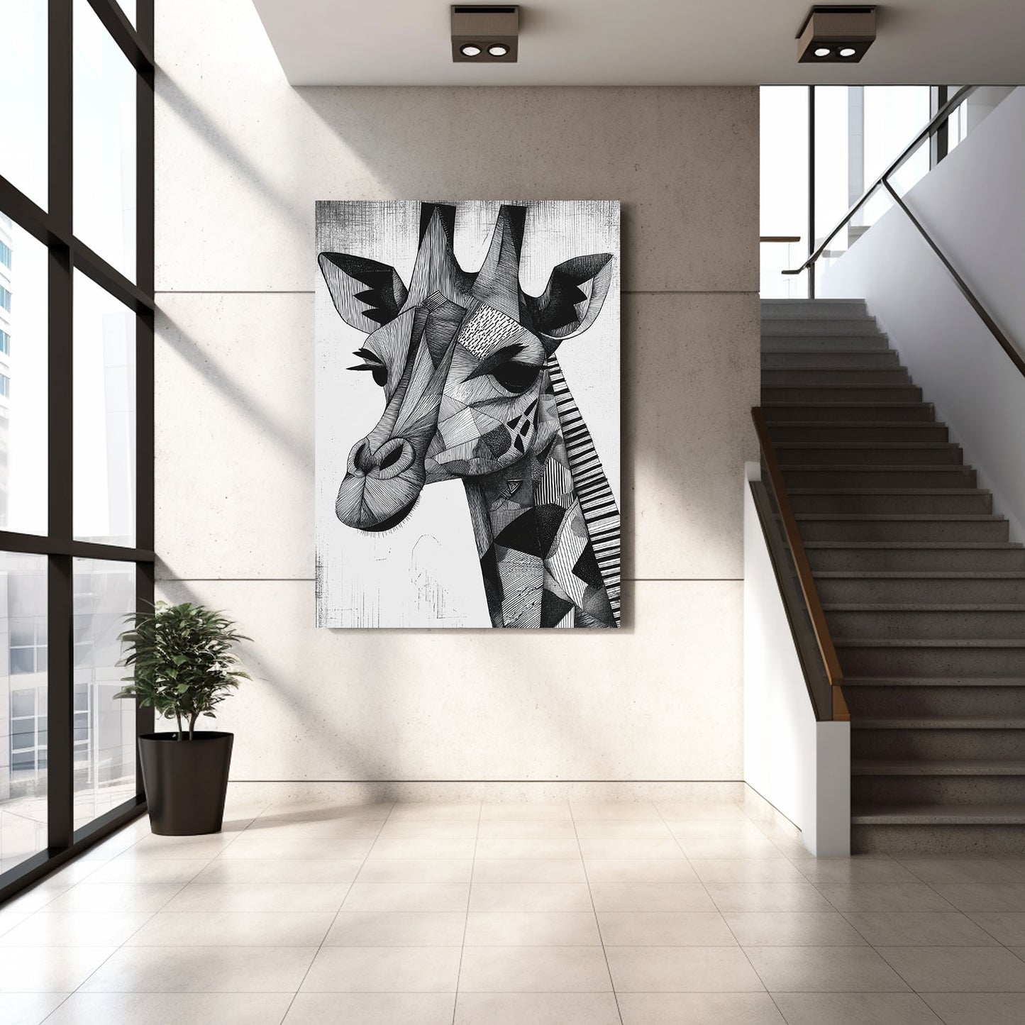 Geometric giraffe art print on a wall in a modern interior setting with stairs and a plant.