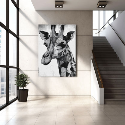Geometric giraffe art print on a wall in a modern interior setting with stairs and a plant.